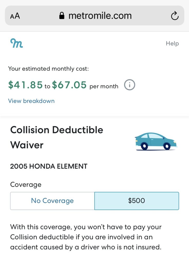 My car insurance estimate with Metromile