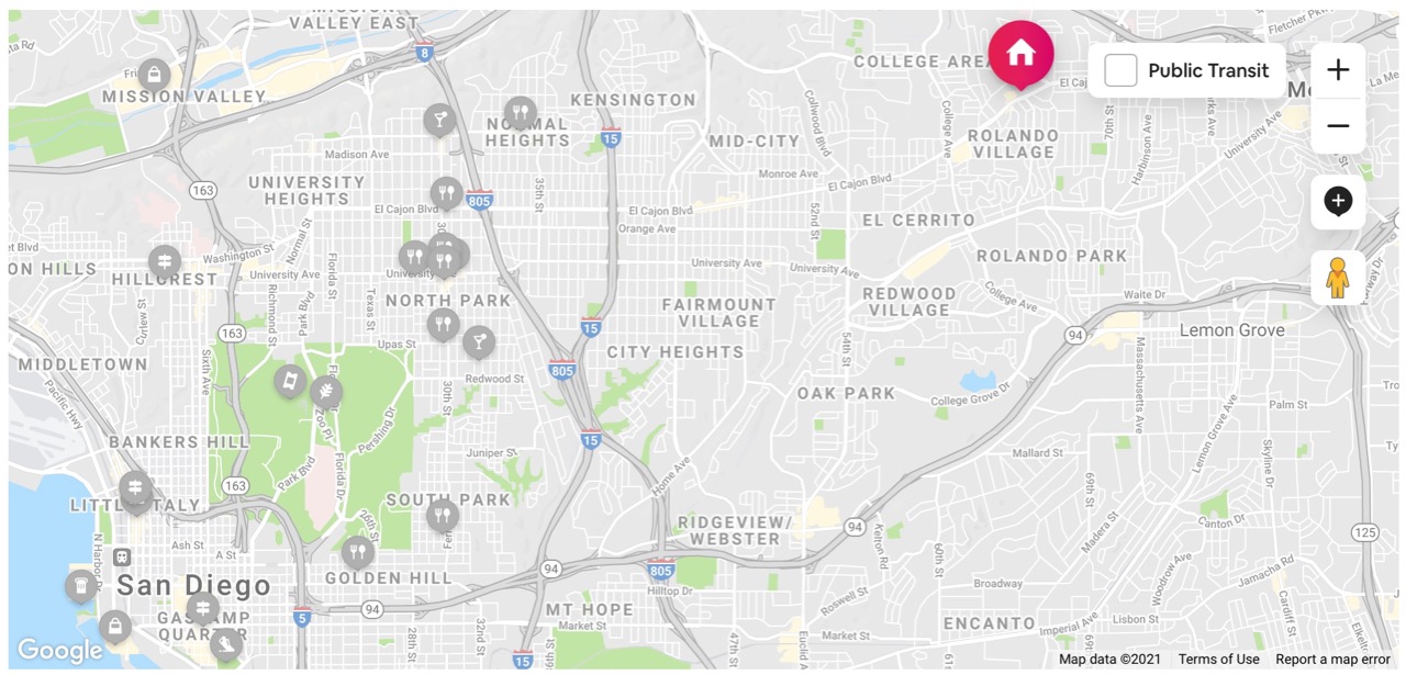 Google map of my Airbnb distance to downtown San Diego