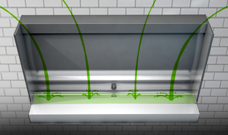 multiple green streams directed into a trough style urinal