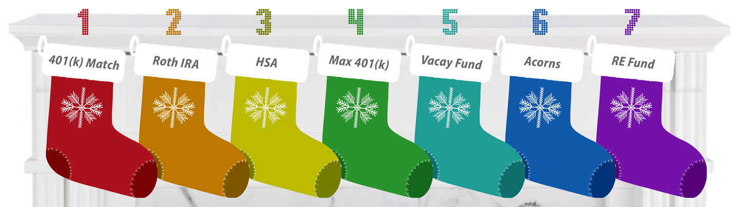 rainbow colored holiday stockings hanging over a fireplace representing savings accounts