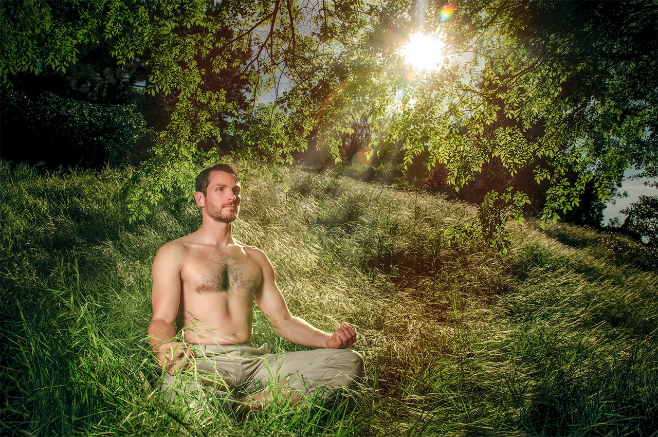 Homo Money embraces the power of unplugging by meditating in a canyon of San Diego